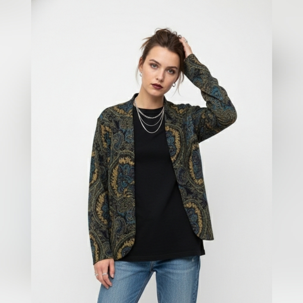 Vintage Chico's Cardigan Jacket Black Olive Green Metallic Open Goth Grunge XL